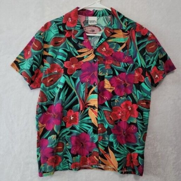 VTG Teddi Sport Women’s Hawaiian Floral Button Up Shirt LG Tropical Blouse 80’s - Picture 1 of 10
